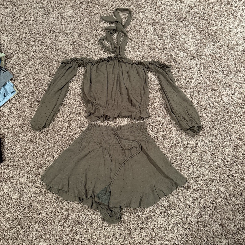 Olive Green Off-Shoulder Top and Shorts Set